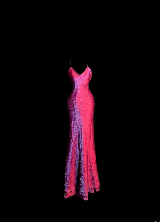 Simple Mermaid Hot Pink Prom Dresses Spaghetti Strap Long Formal Dresses Graduation Gown MP389