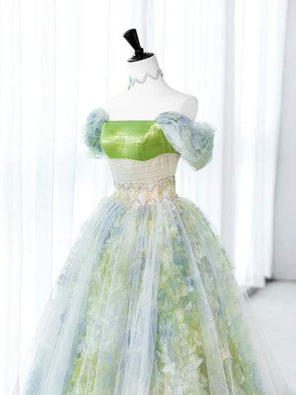Douces longues robes de Quinceañera style bal de promo, à épaules dénudées, en tulle vert fleuri avec manches, robe de Quinceañera MP258