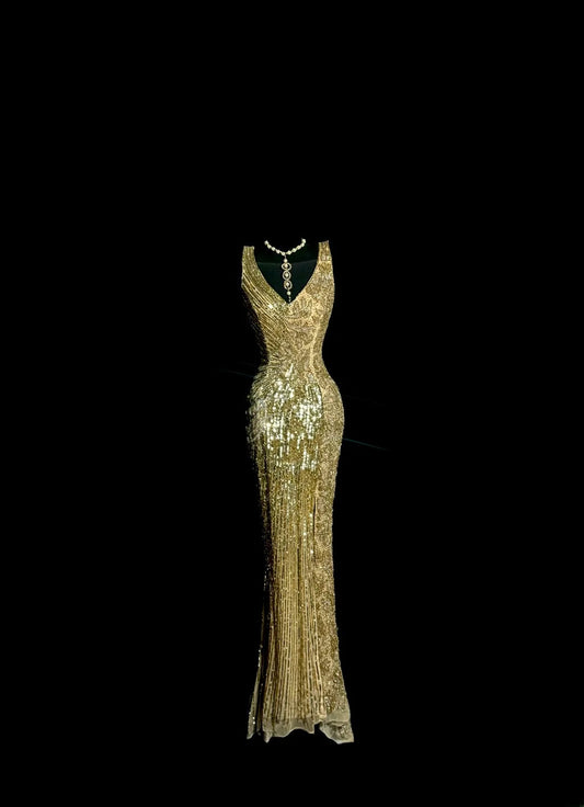 Sparkly Gold Prom Dresses Mermaid With Split V Neck Long Formal Dresses Graduation Gown MP390
