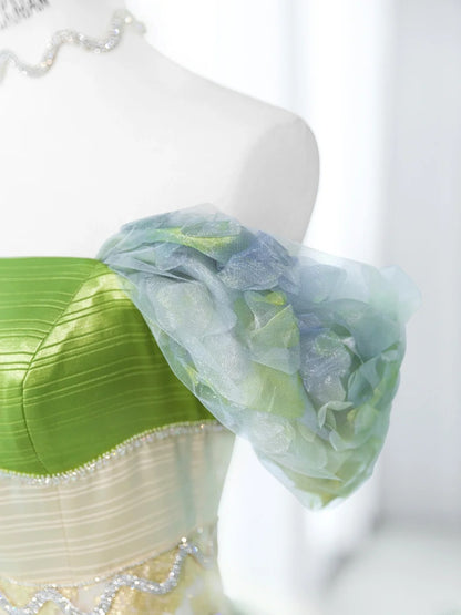 Douces longues robes de Quinceañera style bal de promo, à épaules dénudées, en tulle vert fleuri avec manches, robe de Quinceañera MP258
