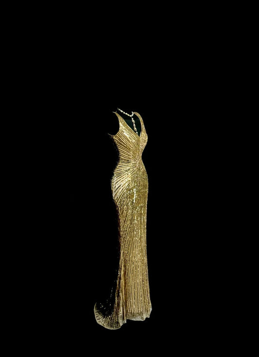 Sparkly Gold Prom Dresses Mermaid With Split V Neck Long Formal Dresses Graduation Gown MP390
