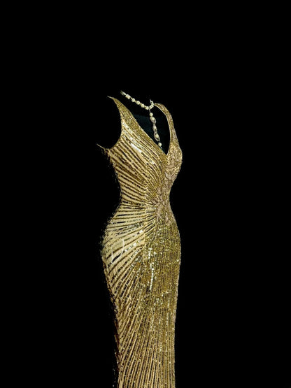Robes de bal dorées scintillantes style sirène avec fente et col en V, robes de soirée longues, robe de remise de diplôme MP390