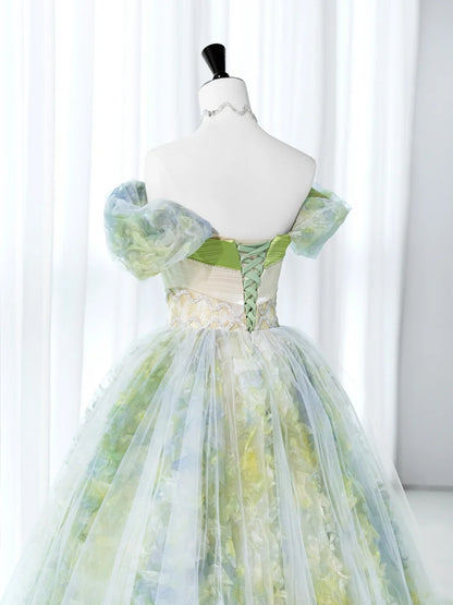 Douces longues robes de Quinceañera style bal de promo, à épaules dénudées, en tulle vert fleuri avec manches, robe de Quinceañera MP258