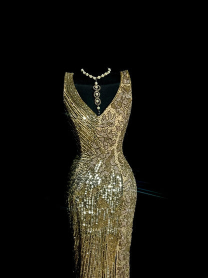 Robes de bal dorées scintillantes style sirène avec fente et col en V, robes de soirée longues, robe de remise de diplôme MP390