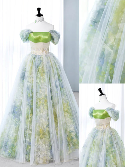 Douces longues robes de Quinceañera style bal de promo, à épaules dénudées, en tulle vert fleuri avec manches, robe de Quinceañera MP258