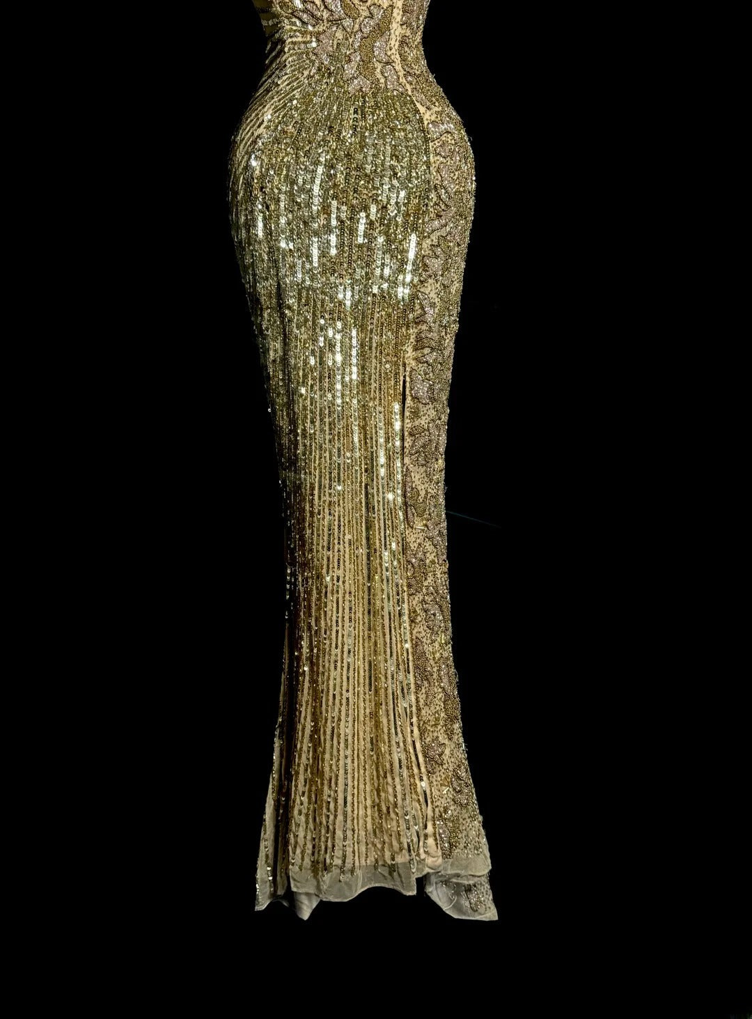Robes de bal dorées scintillantes style sirène avec fente et col en V, robes de soirée longues, robe de remise de diplôme MP390