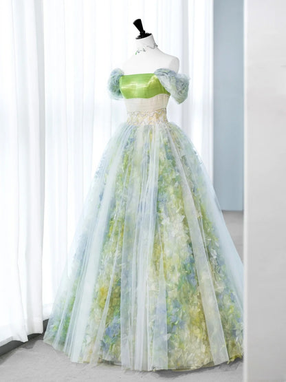 Douces longues robes de Quinceañera style bal de promo, à épaules dénudées, en tulle vert fleuri avec manches, robe de Quinceañera MP258