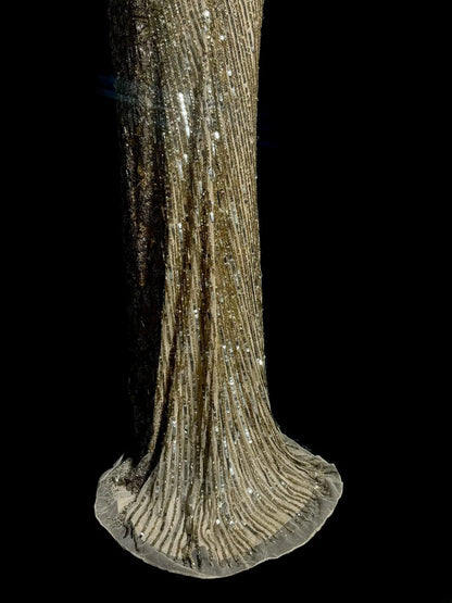 Robes de bal dorées scintillantes style sirène avec fente et col en V, robes de soirée longues, robe de remise de diplôme MP390