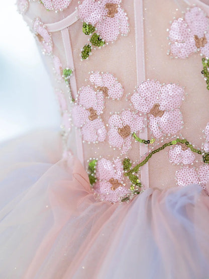 Douces et longues robes de Quinceañera Robe de bal Bustier Cœur Rose Fleurie Tulle avec Appliques Robe de Quinceañera MP259