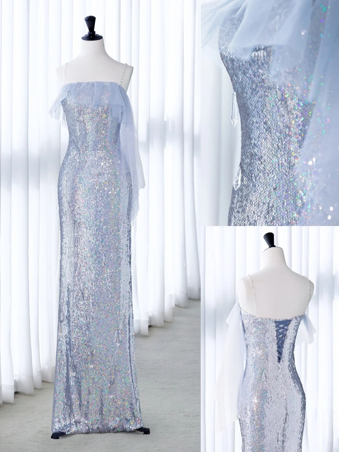 Simple Prom Dresses Long Sheath Strapless Silver Sequined With Ruffles Graduation Formal Dress MP261