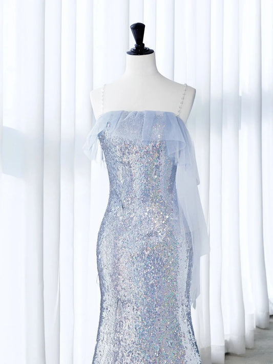 Simple Prom Dresses Long Sheath Strapless Silver Sequined With Ruffles Graduation Formal Dress MP261