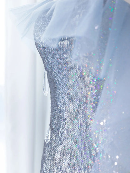 Simple Prom Dresses Long Sheath Strapless Silver Sequined With Ruffles Graduation Formal Dress MP261