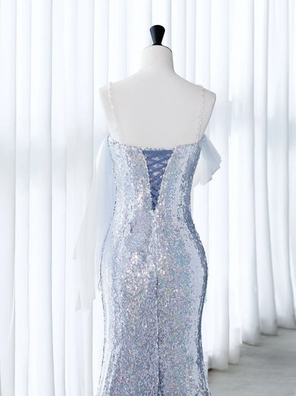Simple Prom Dresses Long Sheath Strapless Silver Sequined With Ruffles Graduation Formal Dress MP261