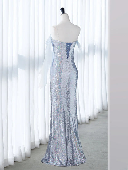 Simple Prom Dresses Long Sheath Strapless Silver Sequined With Ruffles Graduation Formal Dress MP261