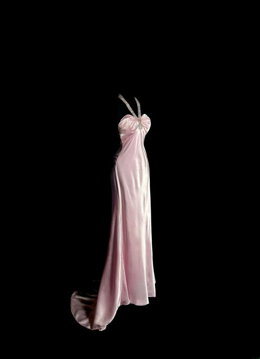 Vintage Long 80s Prom Dresses Pink Mermaid Halter With Beading Satin Formal Dress Graduation Gown MP393