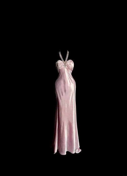 Vintage Long 80s Prom Dresses Pink Mermaid Halter With Beading Satin Formal Dress Graduation Gown MP393