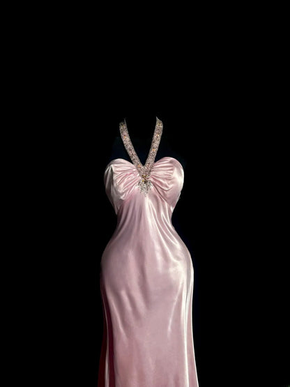 Vintage Long 80s Prom Dresses Pink Mermaid Halter With Beading Satin Formal Dress Graduation Gown MP393
