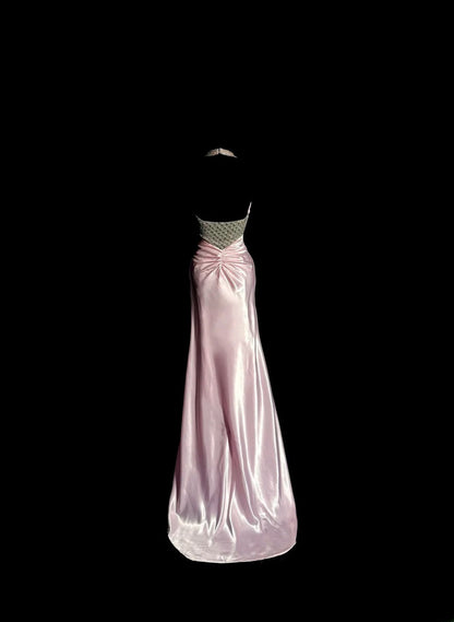 Vintage Long 80s Prom Dresses Pink Mermaid Halter With Beading Satin Formal Dress Graduation Gown MP393