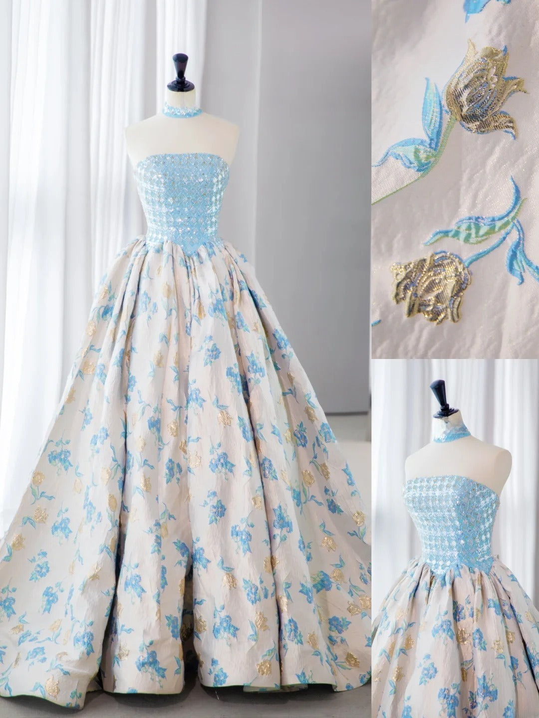 Sweet Long Quinceañera Dresses Ball Gown Strapless Blue Floral Satin With Beadings Quince Dress MP263