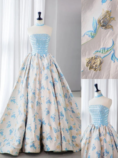 Sweet Long Quinceañera Dresses Ball Gown Strapless Blue Floral Satin With Beadings Quince Dress MP263