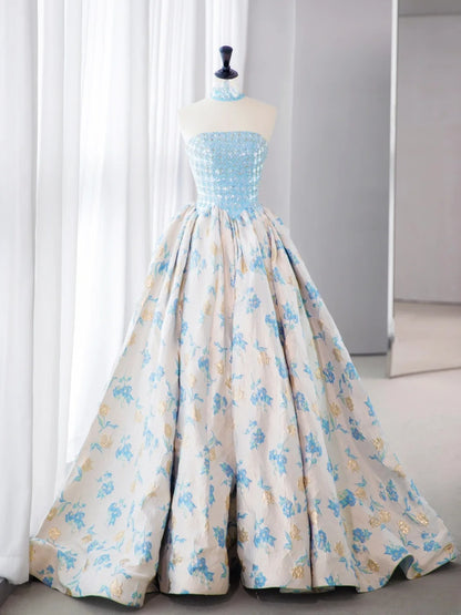 Sweet Long Quinceañera Dresses Ball Gown Strapless Blue Floral Satin With Beadings Quince Dress MP263
