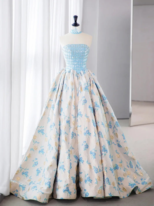 Süße lange Quinceañera-Kleider, Ballkleid, trägerlos, blaues Blumenmuster, Satin mit Perlen, Quince-Kleid MP263