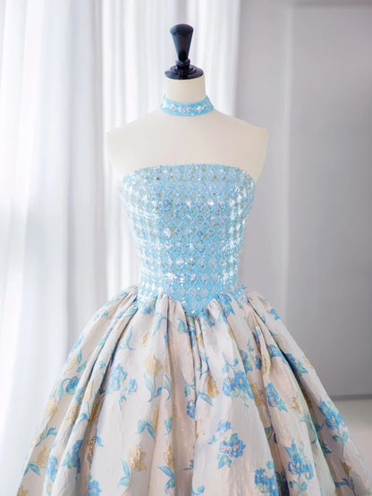 Sweet Long Quinceañera Dresses Ball Gown Strapless Blue Floral Satin With Beadings Quince Dress MP263