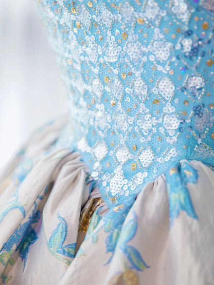 Sweet Long Quinceañera Dresses Ball Gown Strapless Blue Floral Satin With Beadings Quince Dress MP263