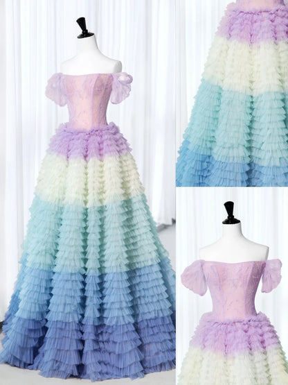 Pretty Long Quinceañera Dresses Ball Gown Off The Shoulder Floral Multi Colors Tulle With Sleeves Quince Dress MP264
