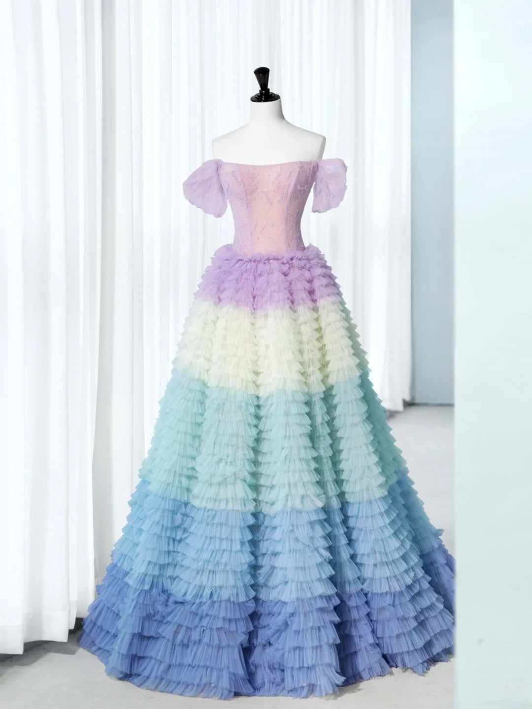 Pretty Long Quinceañera Dresses Ball Gown Off The Shoulder Floral Multi Colors Tulle With Sleeves Quince Dress MP264