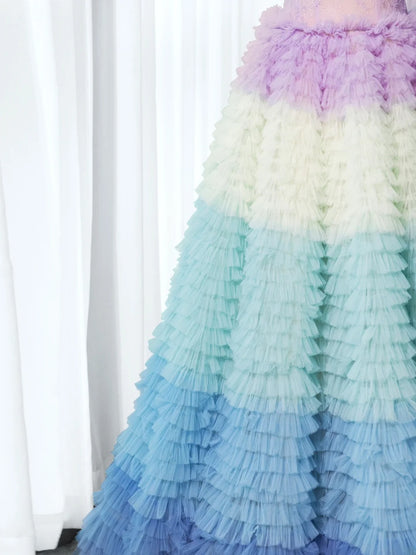 Pretty Long Quinceañera Dresses Ball Gown Off The Shoulder Floral Multi Colors Tulle With Sleeves Quince Dress MP264