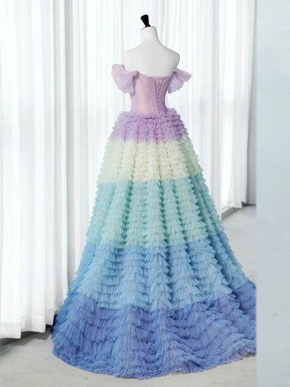Pretty Long Quinceañera Dresses Ball Gown Off The Shoulder Floral Multi Colors Tulle With Sleeves Quince Dress MP264