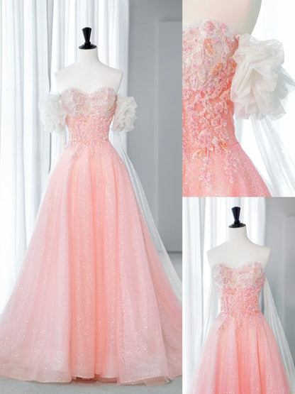 Robes de bal longues élégantes et chics, coupe trapèze, bustier, roses avec cape en tulle, idées de robes de cérémonie pour seniors, robes de remise de diplôme MP265