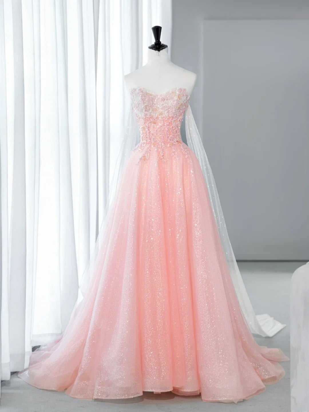 Robes de bal longues élégantes et chics, coupe trapèze, bustier, roses avec cape en tulle, idées de robes de cérémonie pour seniors, robes de remise de diplôme MP265