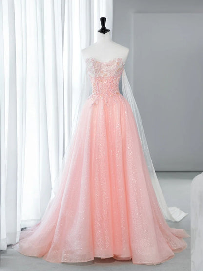 Robes de bal longues élégantes et chics, coupe trapèze, bustier, roses avec cape en tulle, idées de robes de cérémonie pour seniors, robes de remise de diplôme MP265
