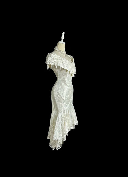 Vintage Mermaid Off The Shoulder Ivory Lace Short Princess Bridal Gowns Wedding Dresses MP394