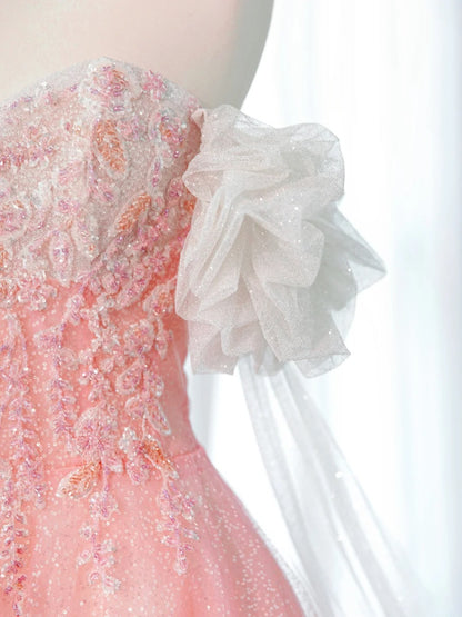 Robes de bal longues élégantes et chics, coupe trapèze, bustier, roses avec cape en tulle, idées de robes de cérémonie pour seniors, robes de remise de diplôme MP265