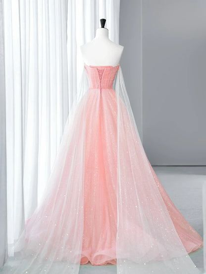 Robes de bal longues élégantes et chics, coupe trapèze, bustier, roses avec cape en tulle, idées de robes de cérémonie pour seniors, robes de remise de diplôme MP265