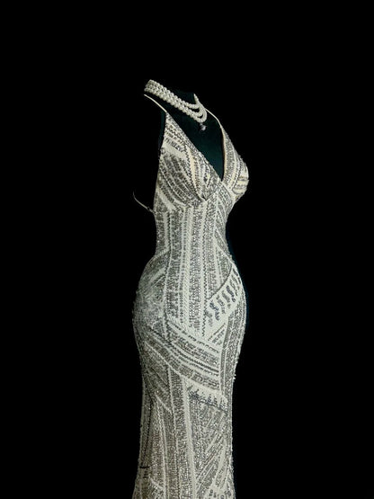 Robes de bal sirène grises argentées scintillantes, robes de soirée longues dos nu, robes de graduation MP397