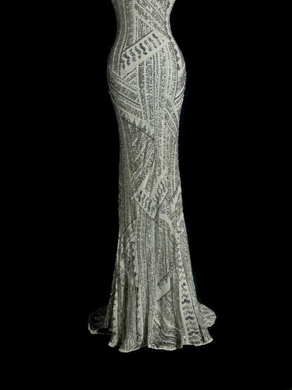 Robes de bal sirène grises argentées scintillantes, robes de soirée longues dos nu, robes de graduation MP397