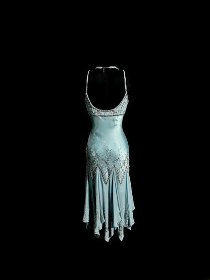 Sparkly Prom Dresses Mermaid Spaghetti Strap Blue Tea Length Formal Dresses Graduation Gown MP398