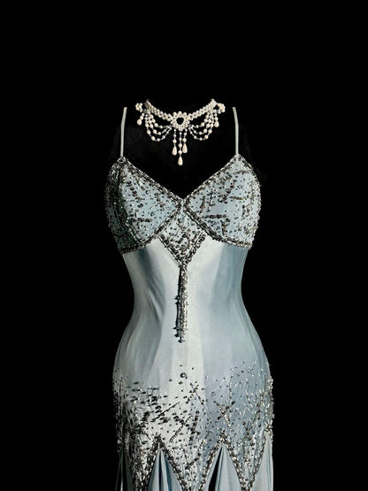 Sparkly Prom Dresses Mermaid Spaghetti Strap Blue Tea Length Formal Dresses Graduation Gown MP398