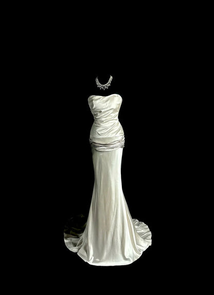 Modest Mermaid Strapless Satin Prom Dresses With Ruffles Long Formal Dresses Graduation Gown MP399