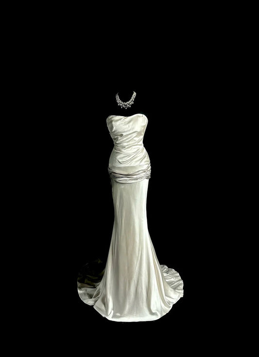 Modest Mermaid Strapless Satin Prom Dresses With Ruffles Long Formal Dresses Graduation Gown MP399