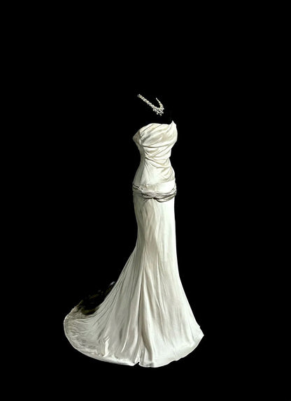 Modest Mermaid Strapless Satin Prom Dresses With Ruffles Long Formal Dresses Graduation Gown MP399