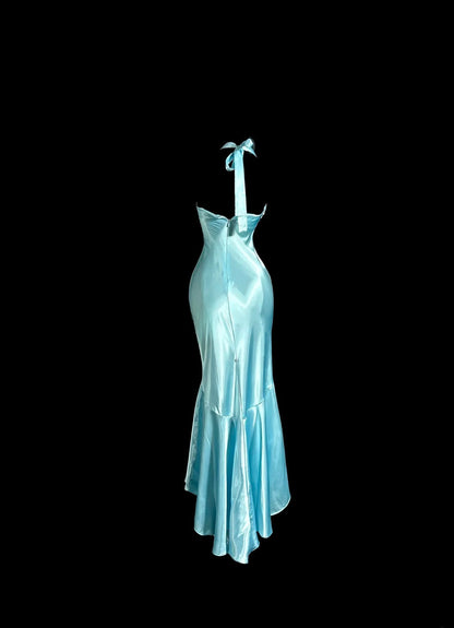 Simple Prom Dresses Mermaid Halter Blue Tea Length Formal Dresses Graduation Gown MP400