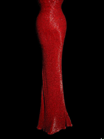 Sparkly Mermaid Spaghetti Strap Red Sequin Sleeveless Prom Dresses Long Formal Dresses Graduation Gown MP403
