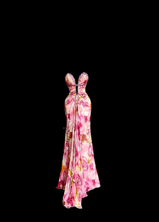 Modest Mermaid Sweetheart Floral Chiffon Sleeveless Prom Dresses Long Formal Dresses Graduation Gown MP404