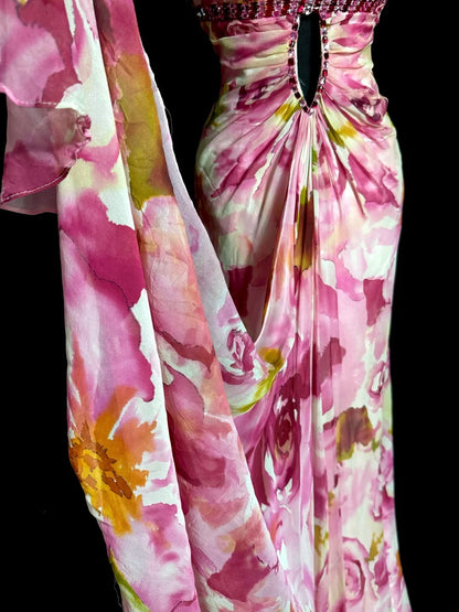 Modest Mermaid Sweetheart Floral Chiffon Sleeveless Prom Dresses Long Formal Dresses Graduation Gown MP404