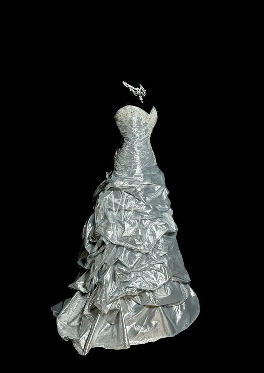 Modest Ball Gown Sweetheart Organza Silver Gray Sleeveless Prom Dresses Long Formal Dresses Graduation Gown MP405